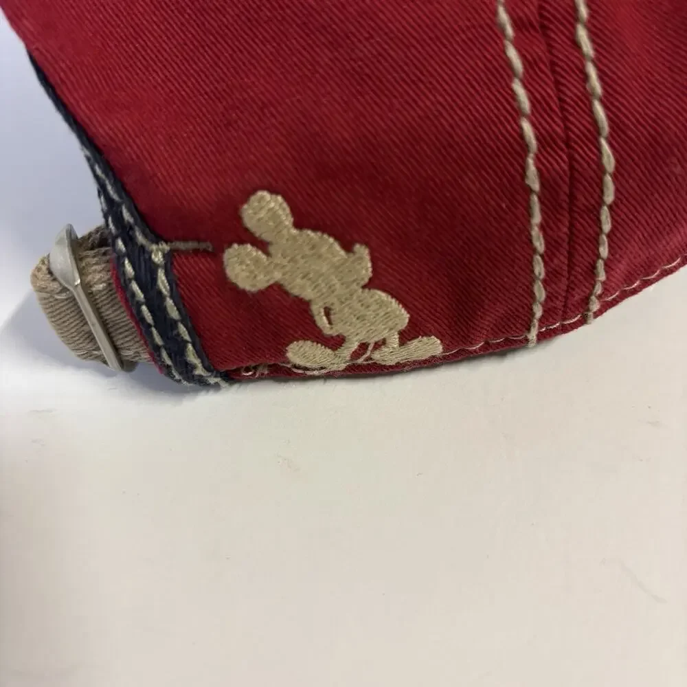 DISNEY. ADULT BLUE/RED/BIEGE DISTRESSED DISNEY STRAPBACK HAT - Very Clean.